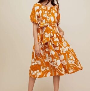 Christy Lynn Orange Floral Cotton Puff-Sleeve Tiered Flowy Audrey Midi Dress
